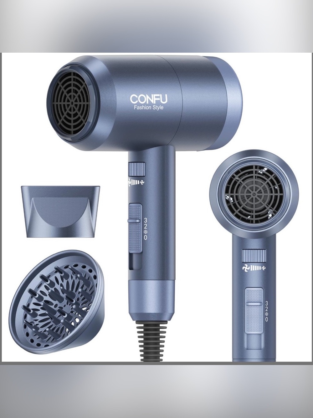 CONFU Ionic Hair Dryer With Diffuser portable and lightweight greyish blue NIOB